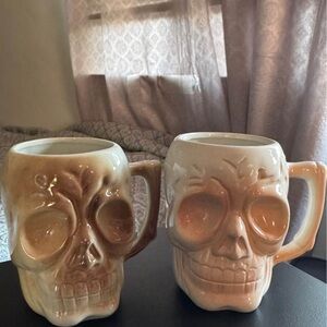 Set of 2 Vintage Orchids of Hawaii Skull Ceramic Mugs R-10 Tiki Bar Halloween